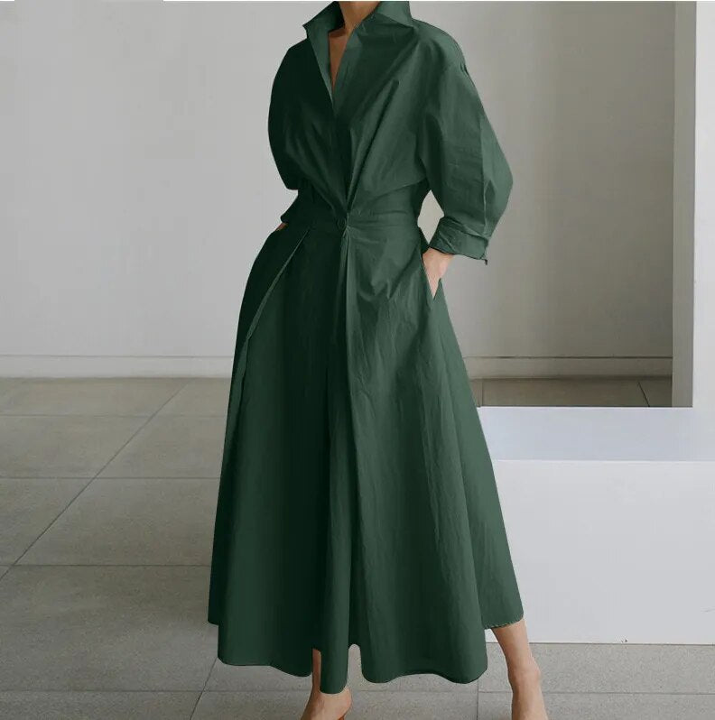 5XL Elegant Women Spring Autumn Sundress Fashion Lapel Neck Long Sleeve Solid  Long Shirt Dress OL Vestidos Robe Femme - KAISERINC