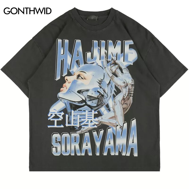Hip Hop Streetwear T-Shirt Harajuku Robot Print Short Sleeve Tshirt 2023  Men Hip Hop Summer Casual Cotton Loose Tee Shirts Tops