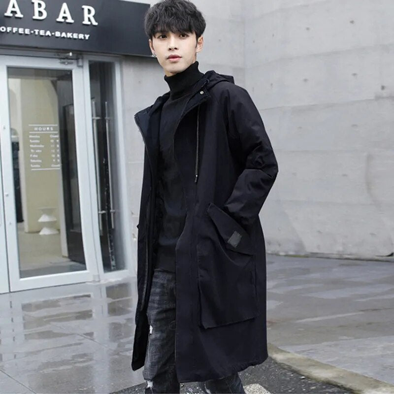Men's windbreaker plus size spring and autumn plus size loose mid-length windbreaker trend hooded long jacket men  overcoats