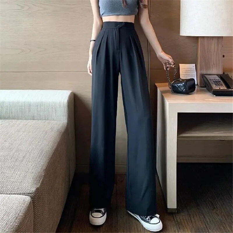 Korean Fashion Casual Y2k Streetwear Straight Wide Leg Trousers 2023 Spring Summer Solid High Waist Harajuku Pleated Suit Pants