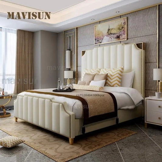 Nordic Modern Luxury Double Bed For Bedroom Furniture Sets Storage Leather Bad+Mattress+2 Nightstand