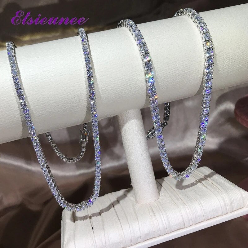 ELSIEUNEE Classic Real Silver 925 Jewelry Chains Tennis Necklaces for Women Simulated Moissanite Diamonds Fine Jewelry Wholesale