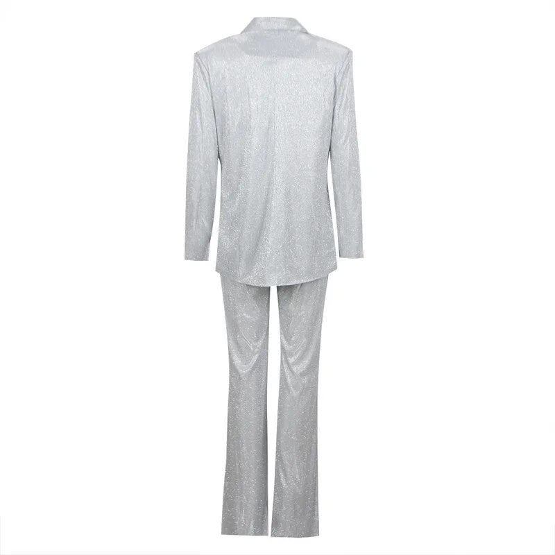 Summer Women's Clothing Silver Three Pieces Suit Exquisite Glitter Decoration Lady Office Costume Celebrity Party Matching Set