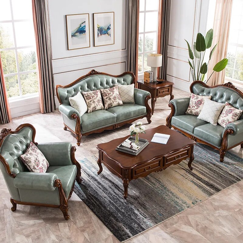 American Leather Sofa All Solid Wood Small Apartment Combination European Style Light Luxury Simple Carved Living Room Furniture