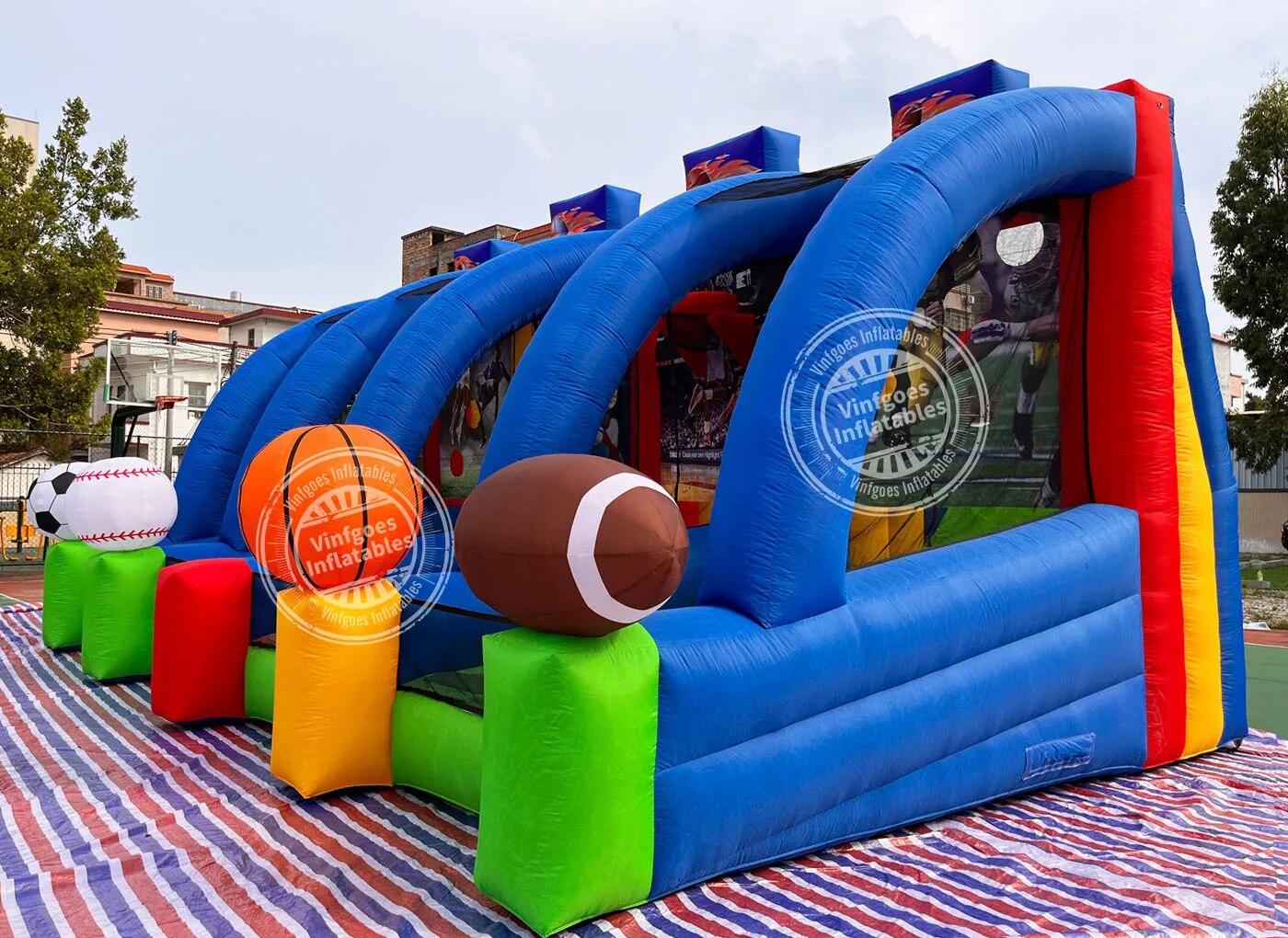Inflatable Soccer Dart & Basketball Hoop & Baseball & Football Interactive 4-in-1 Multi Sports Play Throwing Game