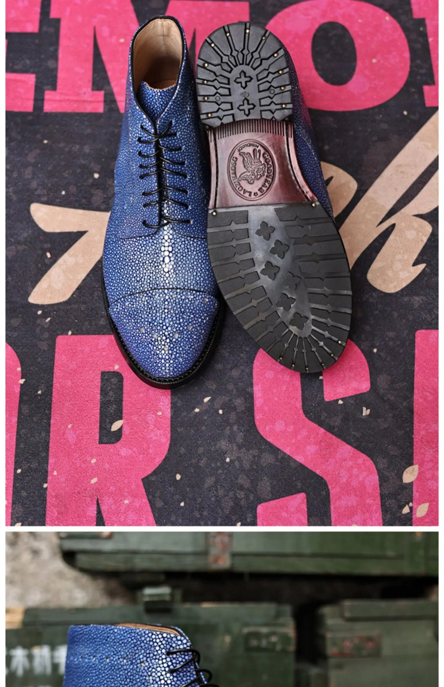 Sipriks Handmade Goodyear Welted Shoes Imported Stingray Skin Martin Boots Men's Lace Up Ankle Boot Cap Toe Brogue Shoes Luxury