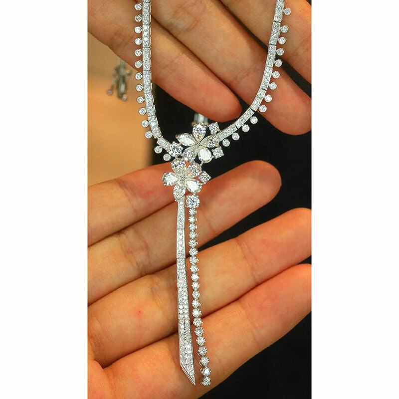 Aazuo Fine jewelry 18K  White Gold Natrual Diamond 6.7ct Luxury Flower Tennis Necklace Gift For Women Wedding Engagement Party