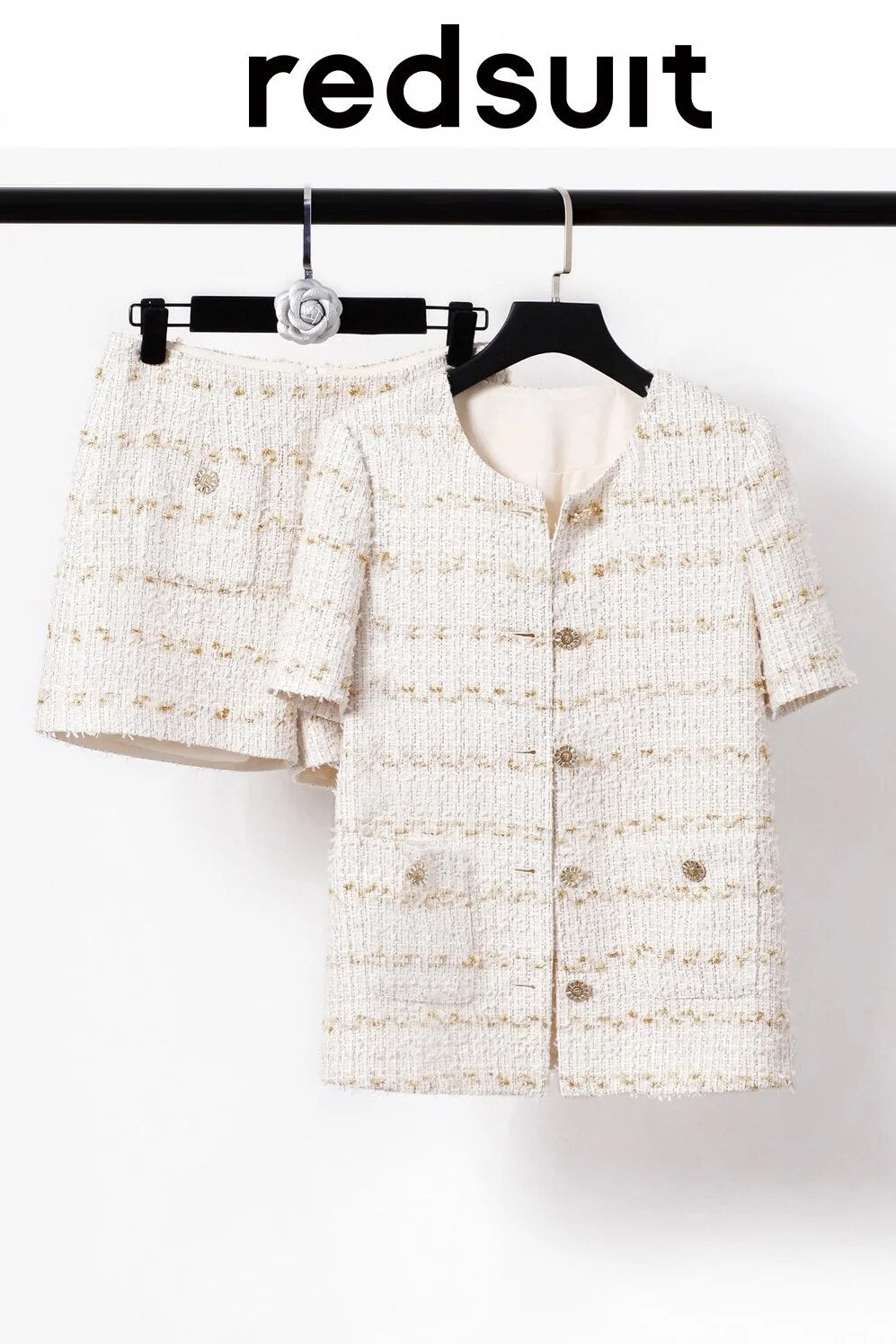 Redsuit New Design Versatile Gold Thread Tweed Short Sleeve Fragrant Coat Shorts Thin Set Summer