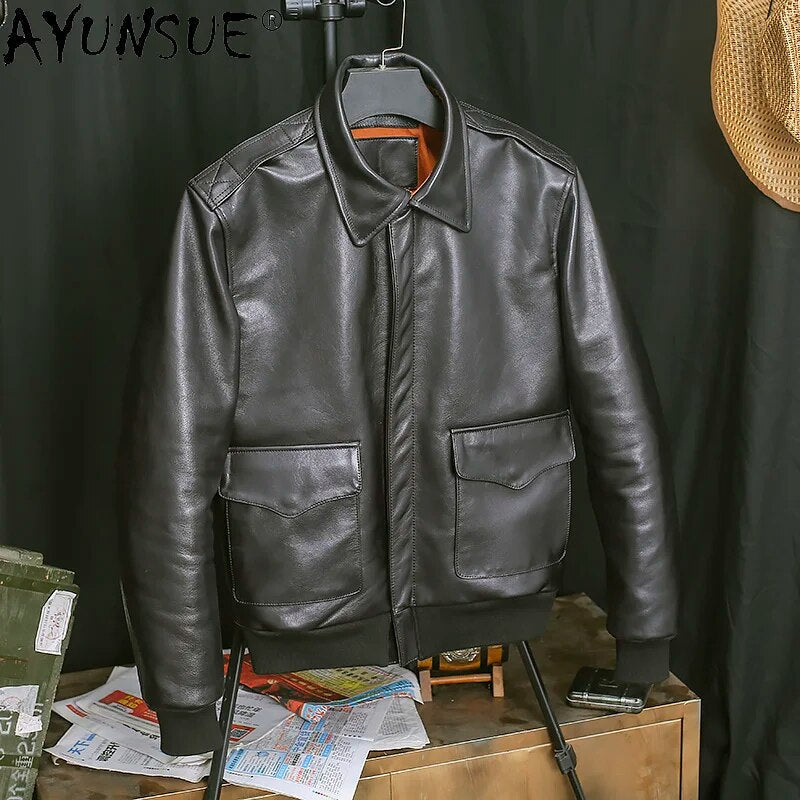 genuine cowhide leather jacket men clothing 2024 autumn coat man flight suit retro men's clothes hommes veste LXR553