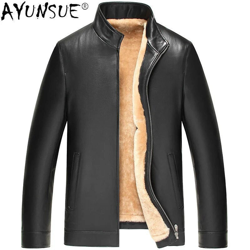 Genuine Leather Jacket Men Clothing Winter Coat Real Mink Fur Collar Sheep Shearing Men's Clothes Ropa De Hombre LXR754