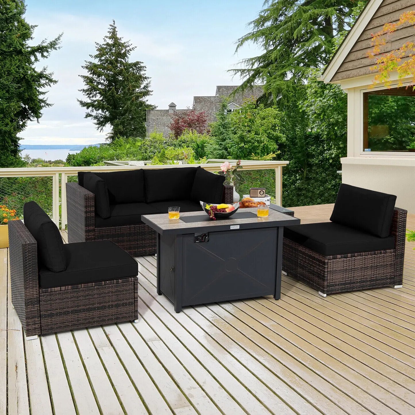 Patiojoy 6PCS Patio Furniture Set Rattan Cushioned Sofa Gas Fire Pit Table Black