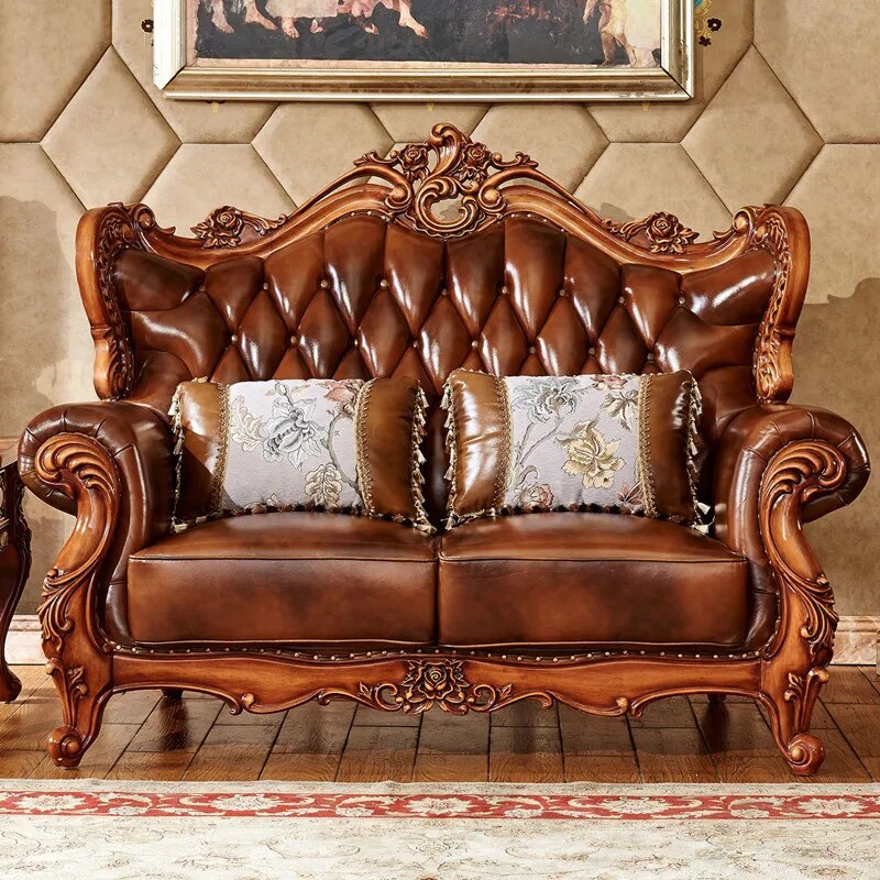 Antique Color Solid Wood Carving European-style Leather Sofa First Layer Cowhide, Villa Size and Living Room Combination