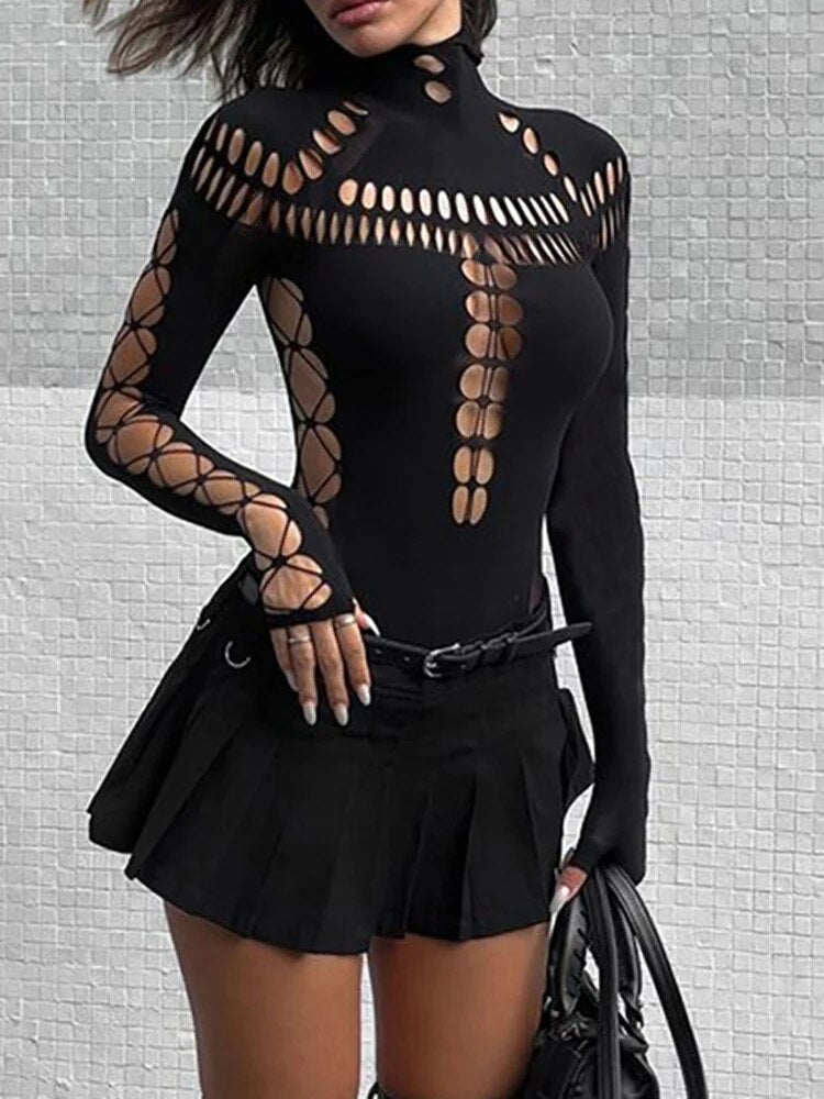 Goth Dark Cyber Y2k Punk Sexy Hollow Out Bodysuits Gothic Techwear Black Turtleneck Bodycon T-shirts Moto Long Sleeve Streetwear