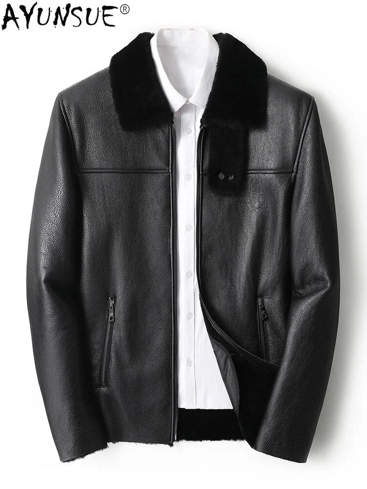 Genuine Sheepskin Leather Jacket Men 100% Wool Men's Clothing Motorcycle Fur Coat Thick Clothes Chaqueta Hombre LXR796