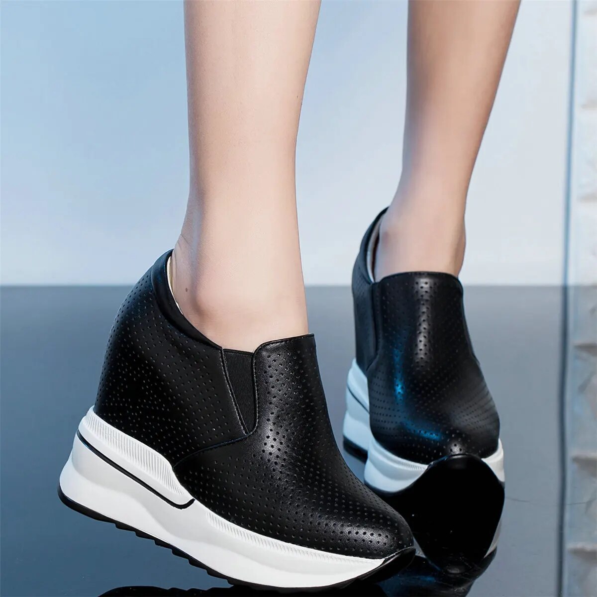 Breathable Vulcanized Shoes Women Genuine Leather Wedges High Heel Pumps Female Round Toe Platform Fashion Sneakers Casual Shoes