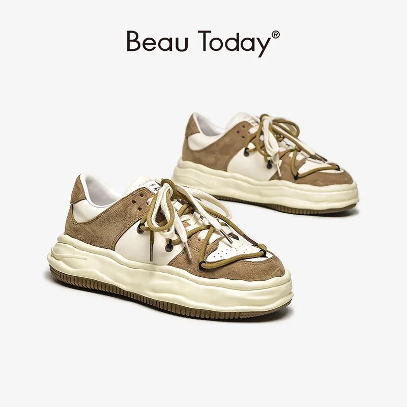 BeauToday Platform Sneakers Women Genuine Leather Patchwork Round Toe Mixed Color Lace-Up Chunky Sole Ladies Handmade 29154