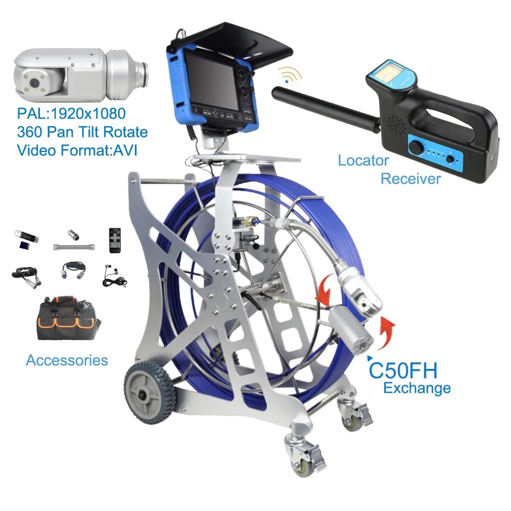 40-60 Meter 9mm Cable FHD PAL1920x1080 58mm 360 Pan Tilt Rotate Pipe Drain Sewer Duct Video Inspection Camera With 512HZ Locator