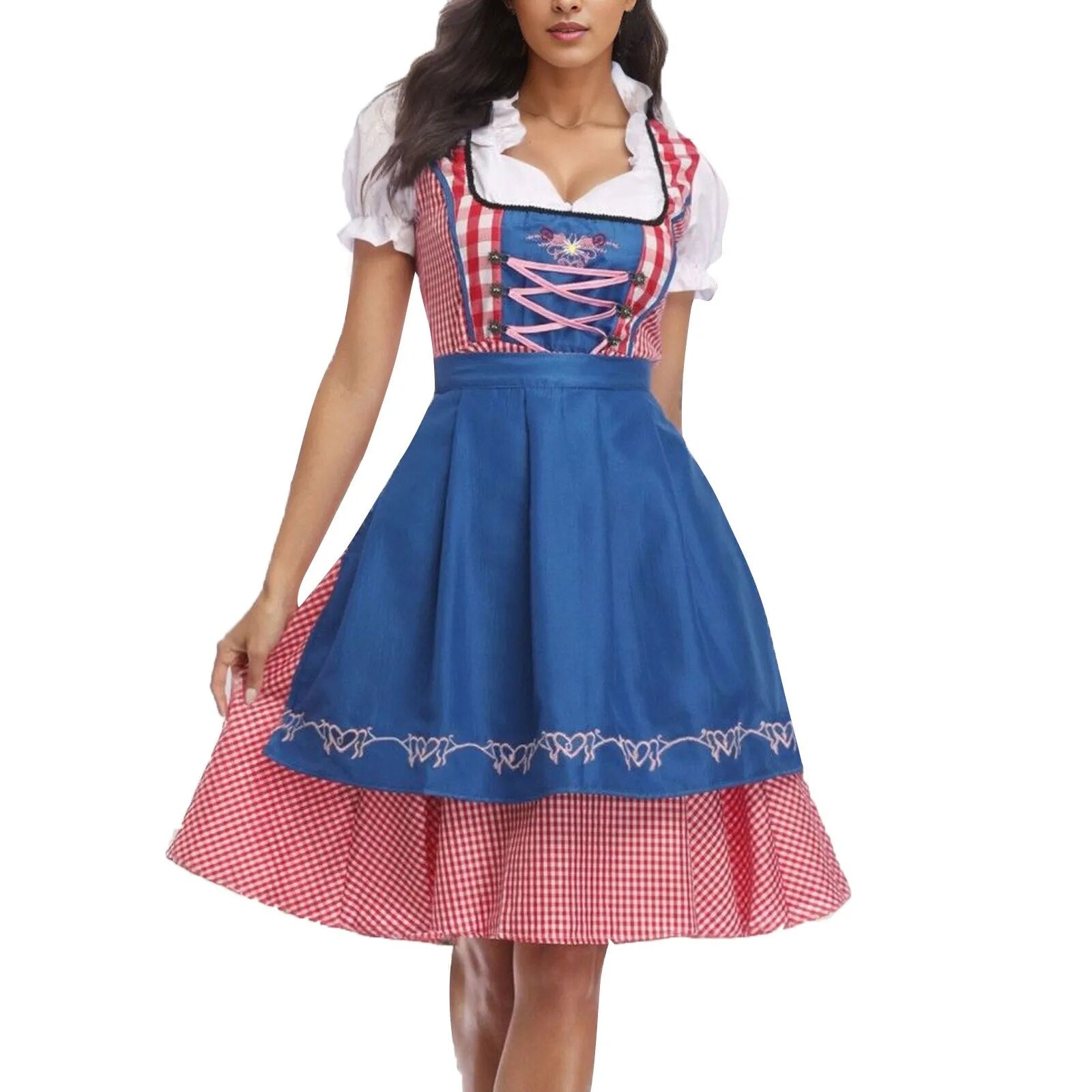 High Quality Traditional German Plaid Dirndl Dress Oktoberfest Costume Outfit For Adult Women Halloween Cosplay Fancy Party - KAISERINC