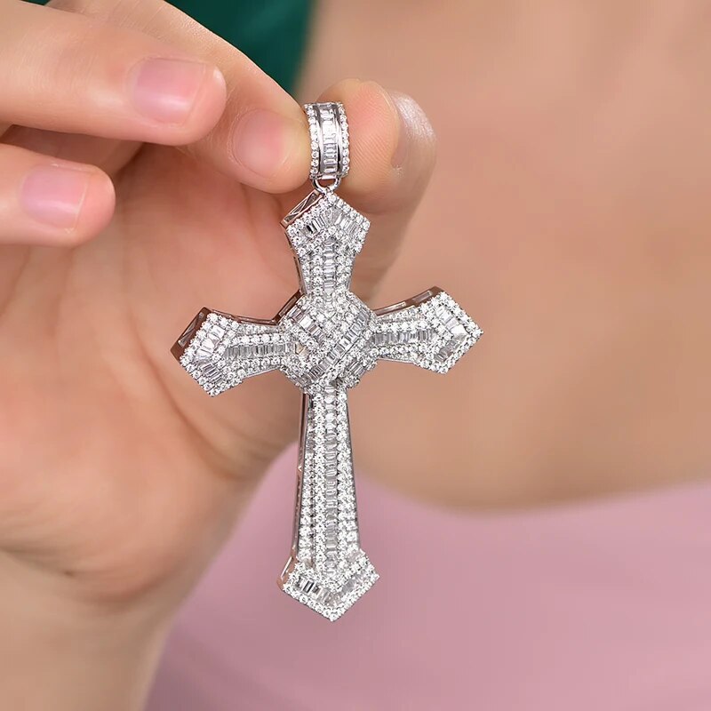 LOVERJEWELRY Cross Pendants Necklace Genuine Bling Diamonds 18K White Gold Hip-hop Charm Statement Luxury Jewelry