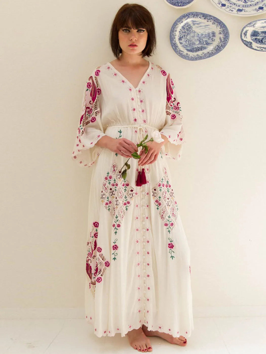 Jastie Floral Embroidered Boho Dress V-Neck Batwing Sleeve Women Dresses Loose Long Maxi Dress Summer Dresses Vestidos