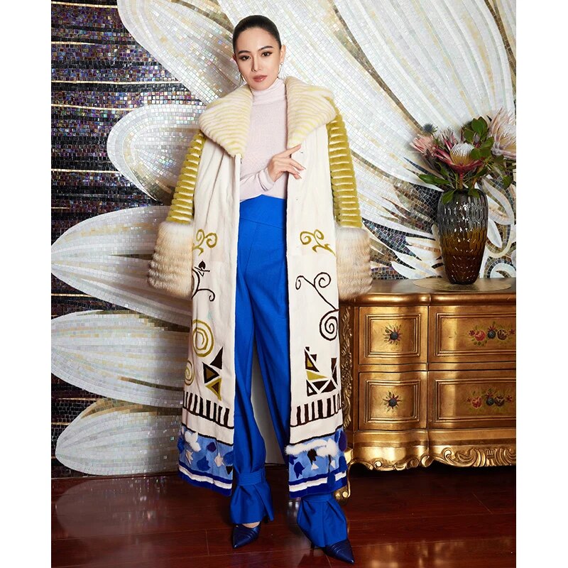 Women's Fur Coat 2223 Trend Natural Fur Long Mink white floral Outerwear Jackets Trench Coats New In Outdoor Clothes Clothing