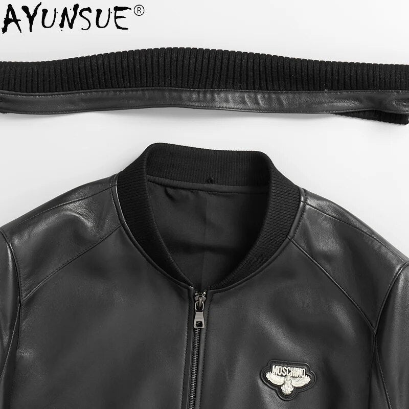 Genuine Sheepskin Leather Jacket Men Clothing Baseball Style Detachable Fur Collar Fashion Clothes Ropa Hombre LXR931