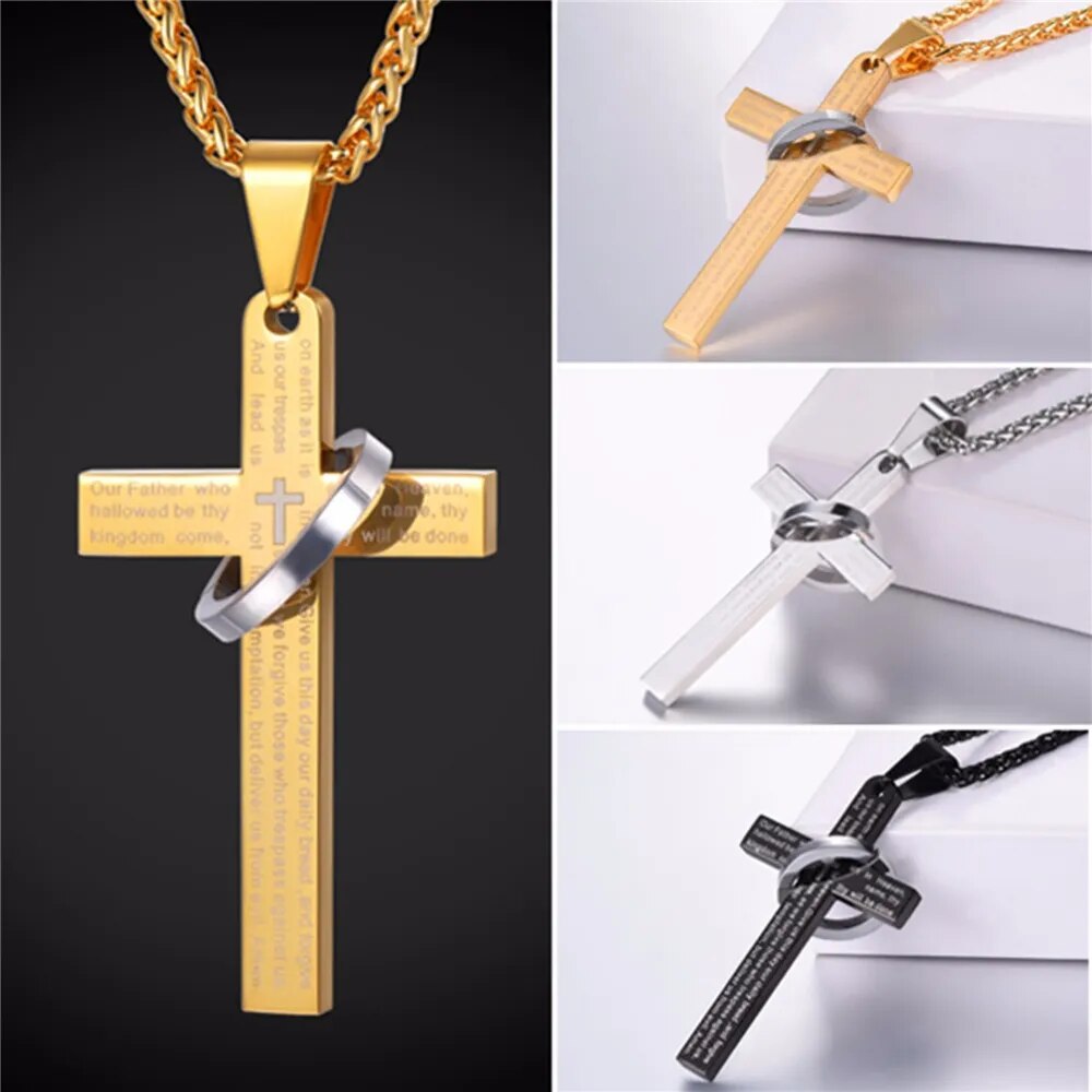 U7 Stainless Steel Christian Bible Engraved Cross Necklace Blue Black 18k Gold Color Round Ring Cross Unisex Religious Jewelry