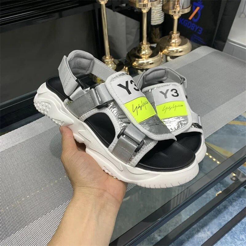 Y3 Summer Thick Soled Men's Shoes Genuine Leather Outdoor Sports Sandals Silver Black