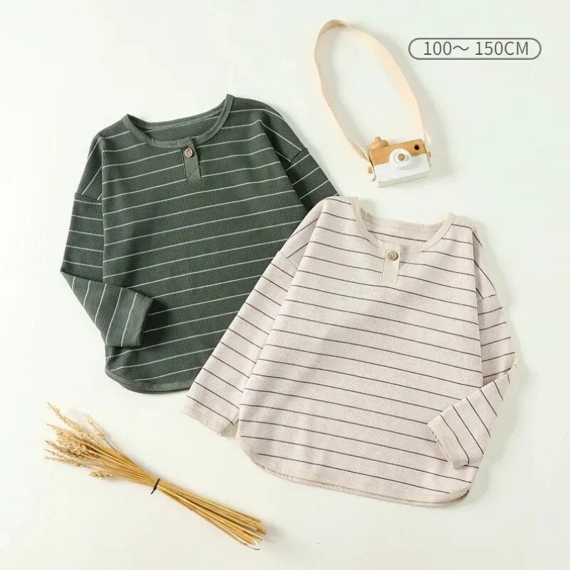 Children's Long Sleeve T-shirt Cotton Striped Shirt 2023 Autumn New Casual Loose Boy's Adolescent Bottoming