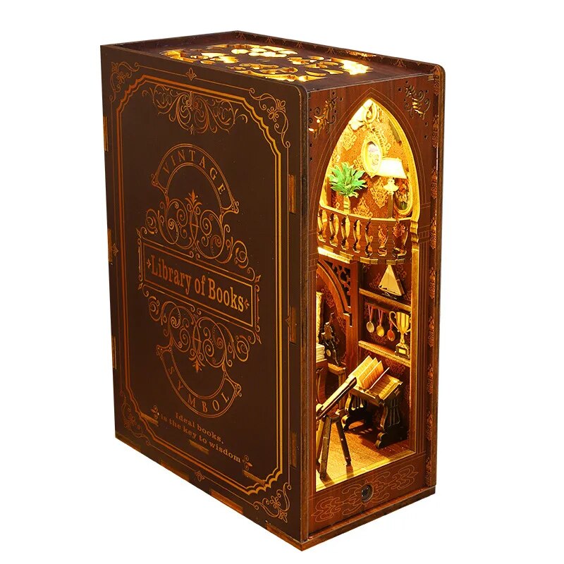 Diy Wooden Book Nook Shelf Insert Kits Miniature Books Library Saint Church Bookends Doll Houses Bookshelf Handmade Crafts Gifts