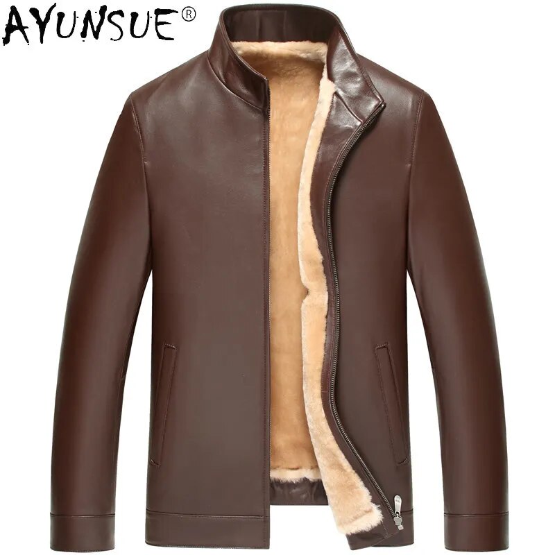 Genuine Leather Jacket Men Clothing Winter Coat Real Mink Fur Collar Sheep Shearing Men's Clothes Ropa De Hombre LXR754