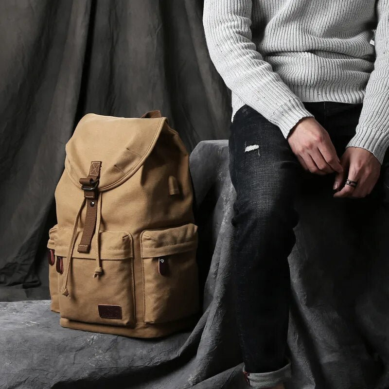 TANGHAO Canvas Backpack Unisex Vintage Casual Rucksack 17inch Laptop Backpack W/ USB Charging Port Schoolbag Student Mochia