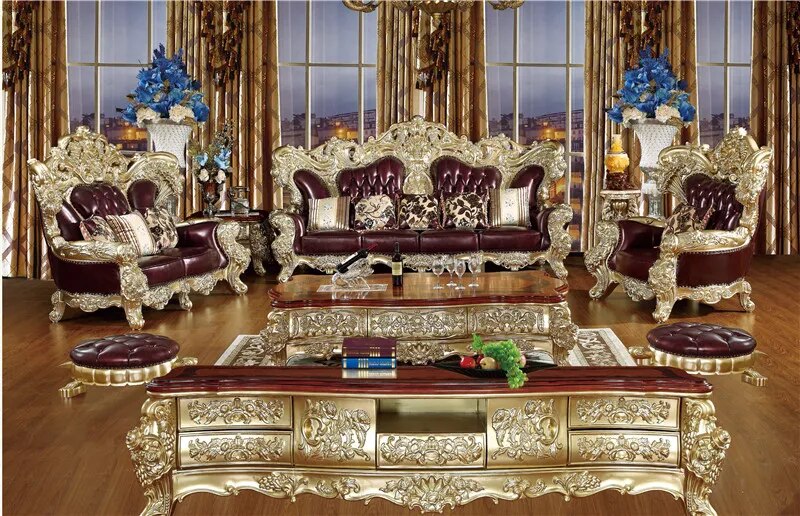 ProCARE European sofa American villa living room genuine leather solid wood carving living room sofa sets