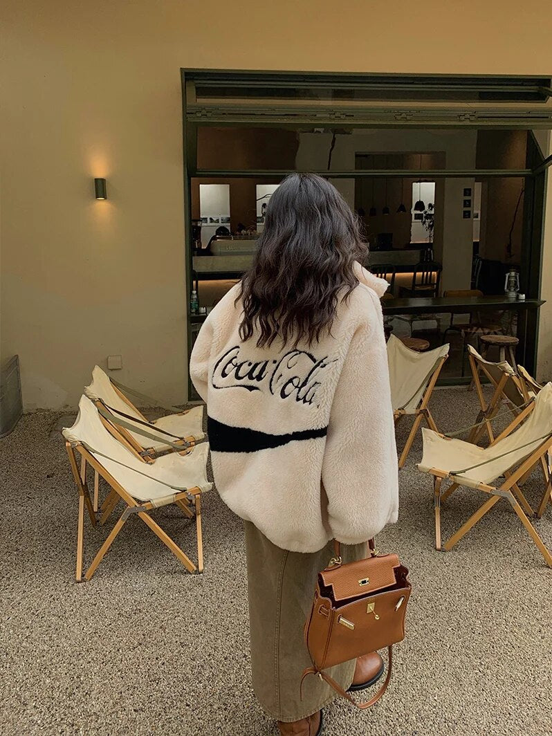 Coat Women Clothes Korean Winter Embroidered Wool Fur Coat Baseball Warm Sheep Shearling Coats Casaco Masculino Sq862