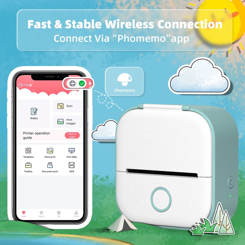 Portable Thermal Printer Phomemo T02 Printing Photo Pocket Thermal Label Printer 53mm Printing Wireless for Android IOS Printers