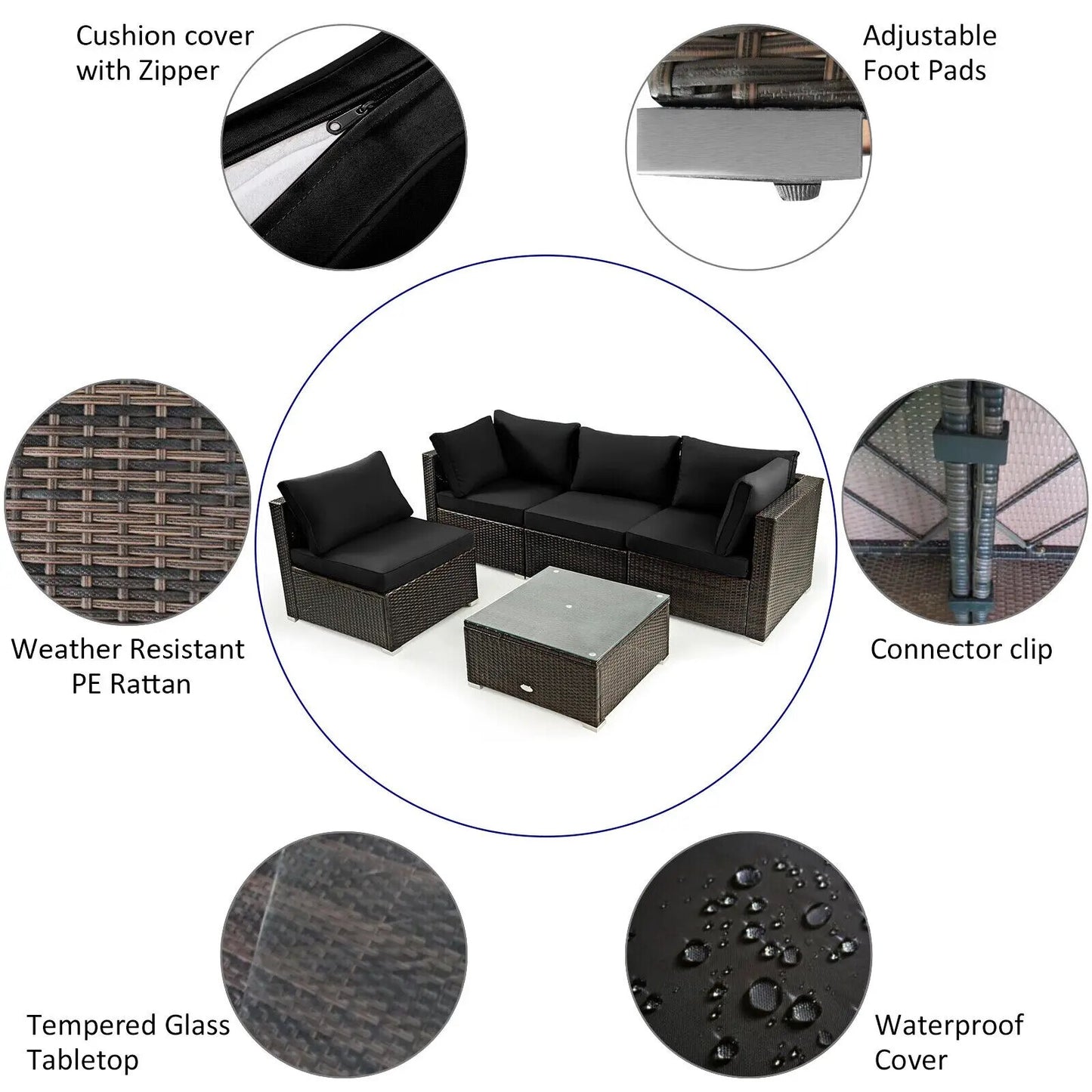 Patiojoy 6PCS Patio Furniture Set Rattan Cushioned Sofa Gas Fire Pit Table Black