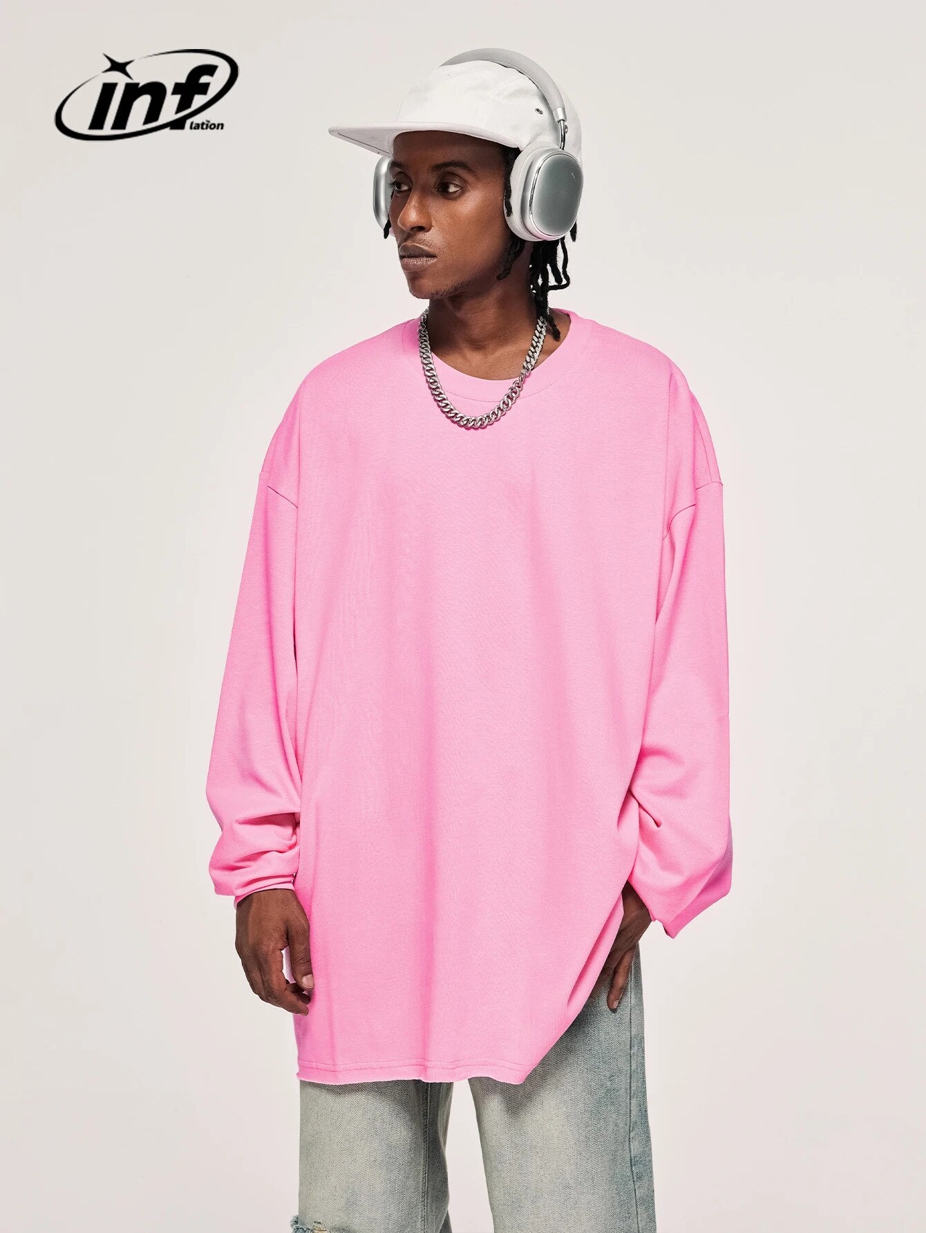 INFLATION Pink Cotton Long Sleeve T-shirts Unisex Oversized Hip Hop Tees Couple Wear Tee Shirts