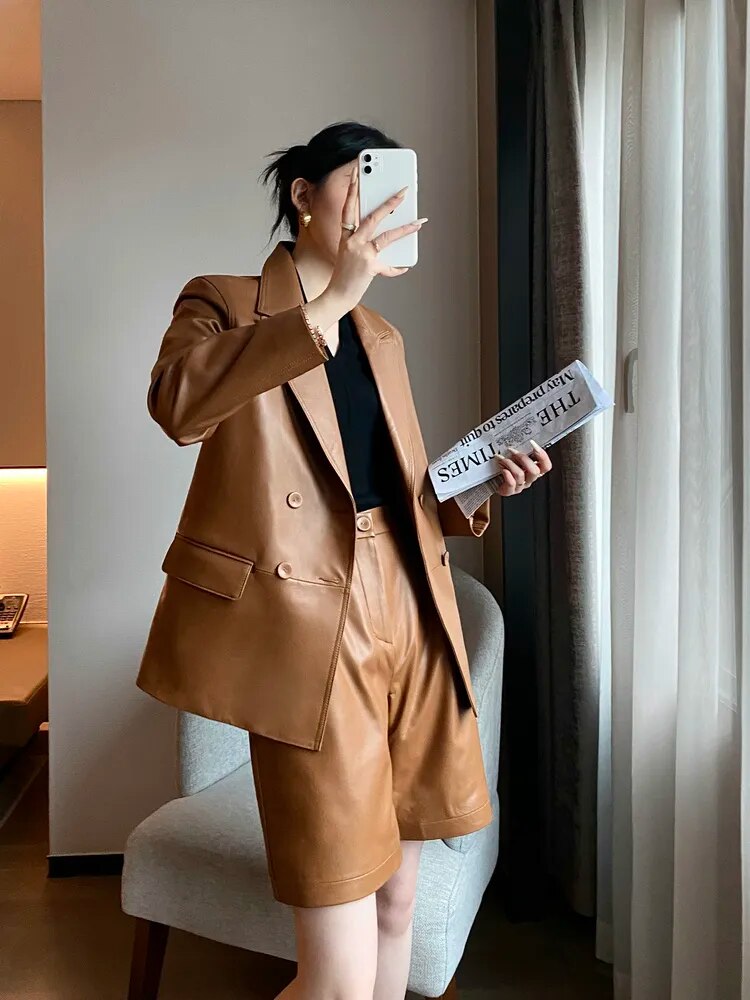 Luxury Women Double Breasted Belt Blazer Coat Straight Shorts Two Piece Set OL Suit Real Sheepskin Genuine Leather Matching Sets
