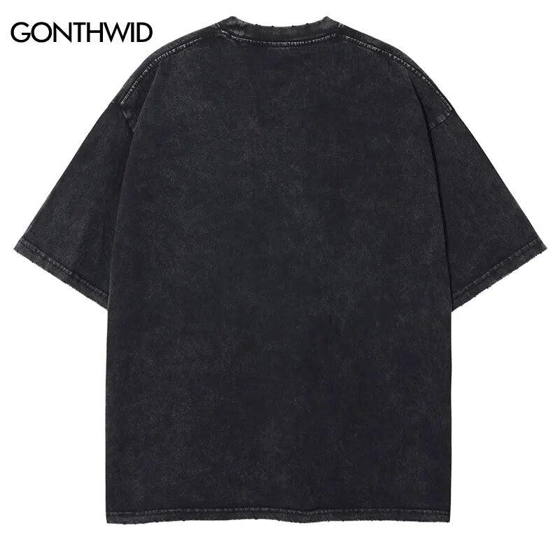 Vintage Men Tshirt Streetwear Hip Hop Graphic Print Punk Gothic Washed T-Shirt Harajuku Fashion Casual Loose Cotton Tee Shirts