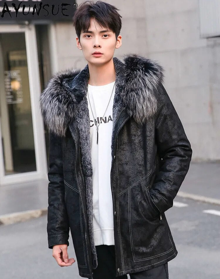 Men Jacket Winter Men's Clothing 5XL sheepskin genuine leather Real Rex Rabbit Fur Coat Male Hooded Parkas Ropa LXR490