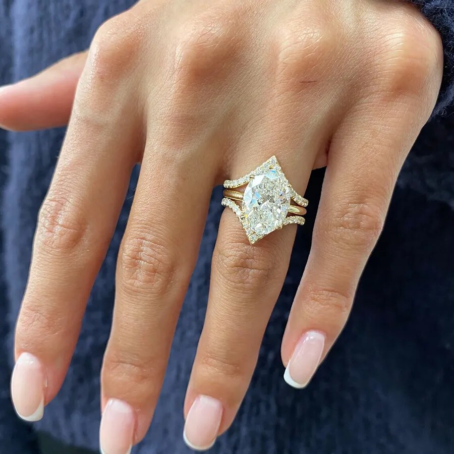 AEAW 14K Yellow Gold Oval Cut Lab Grown Diamond Engagement Ring 4 Carat CVD diamond ring Lab Diamond Engagement Ring Set IGI