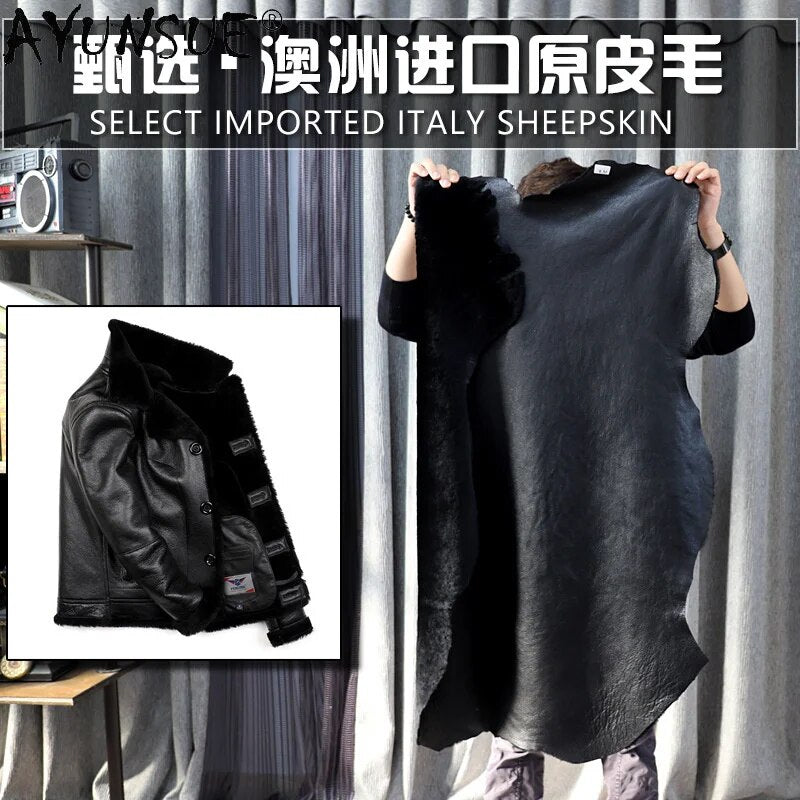 Men's Real Sheep Shearling Leather Jacket Men Clothing Warm Winter Coat Mens 100% Sheepskin Jackets Hommes Veste LXR965