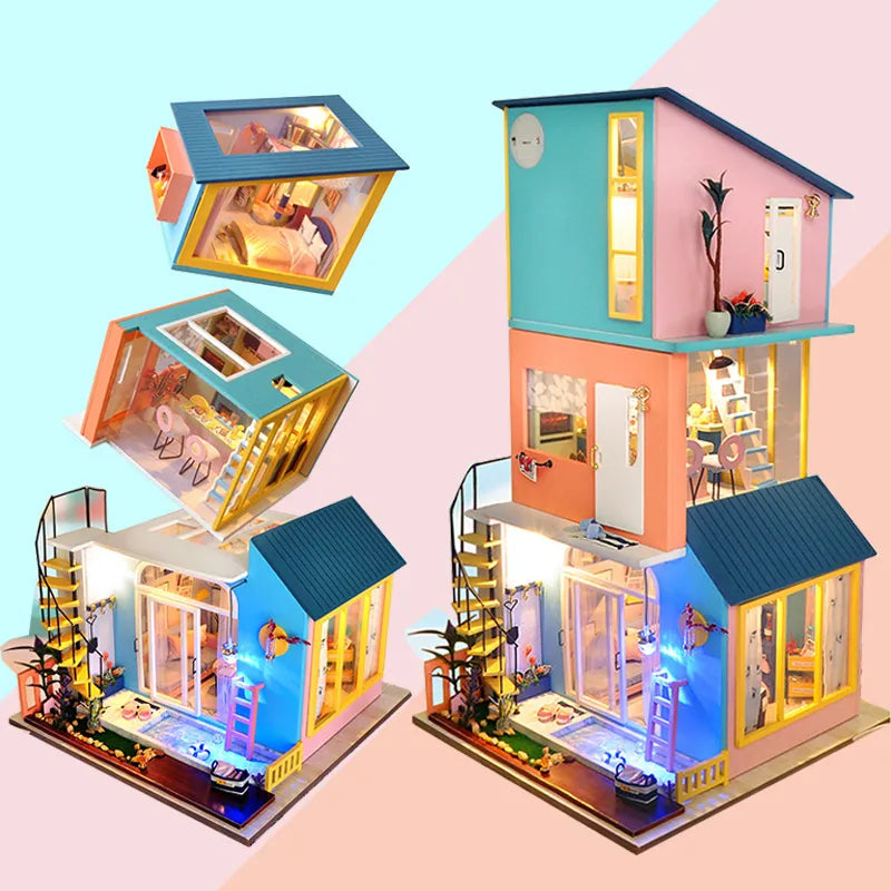 Diy Dollhouse Kit Miniature Items Bedroom Living Room Kitchen 3in1 Villa Tiny Houses Kids Toys Adult Wooden Doll House Furniture