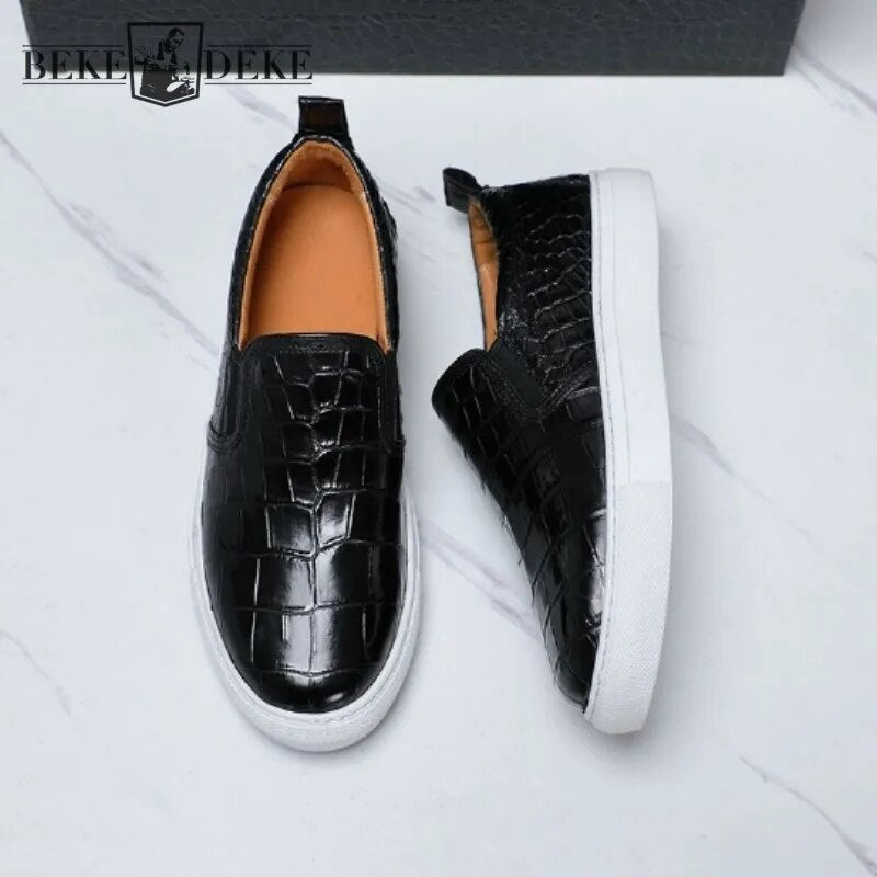 Brand Men Shoes Designer Black Sneakers Loafers Handmade Business Casual Crocodile Leather Shoes Slip On Flats Work Footwear