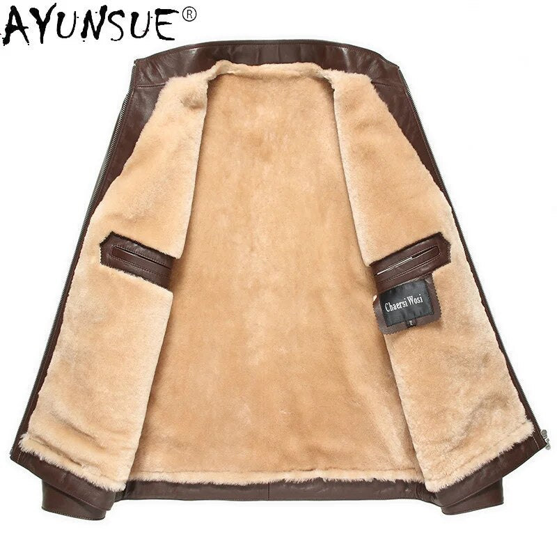 Genuine Leather Jacket Men Clothing Winter Coat Real Mink Fur Collar Sheep Shearing Men's Clothes Ropa De Hombre LXR754