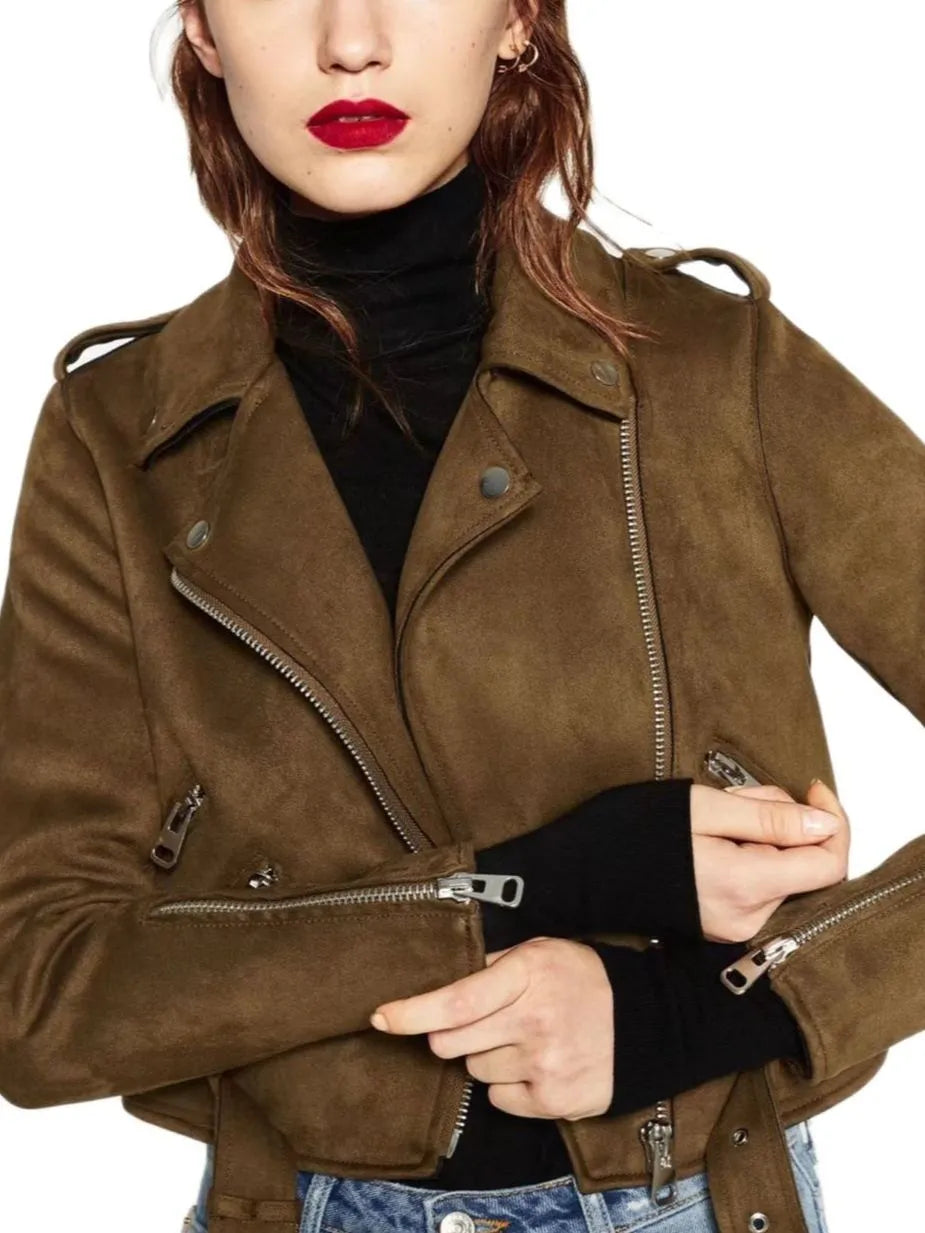 2023 Women Autumn Winter Thick Fake Suede Faux Leather Jackets Sashes Lady Matte Motorcycle Coats Biker Zipper Pocket Streetwear - KAISERINC