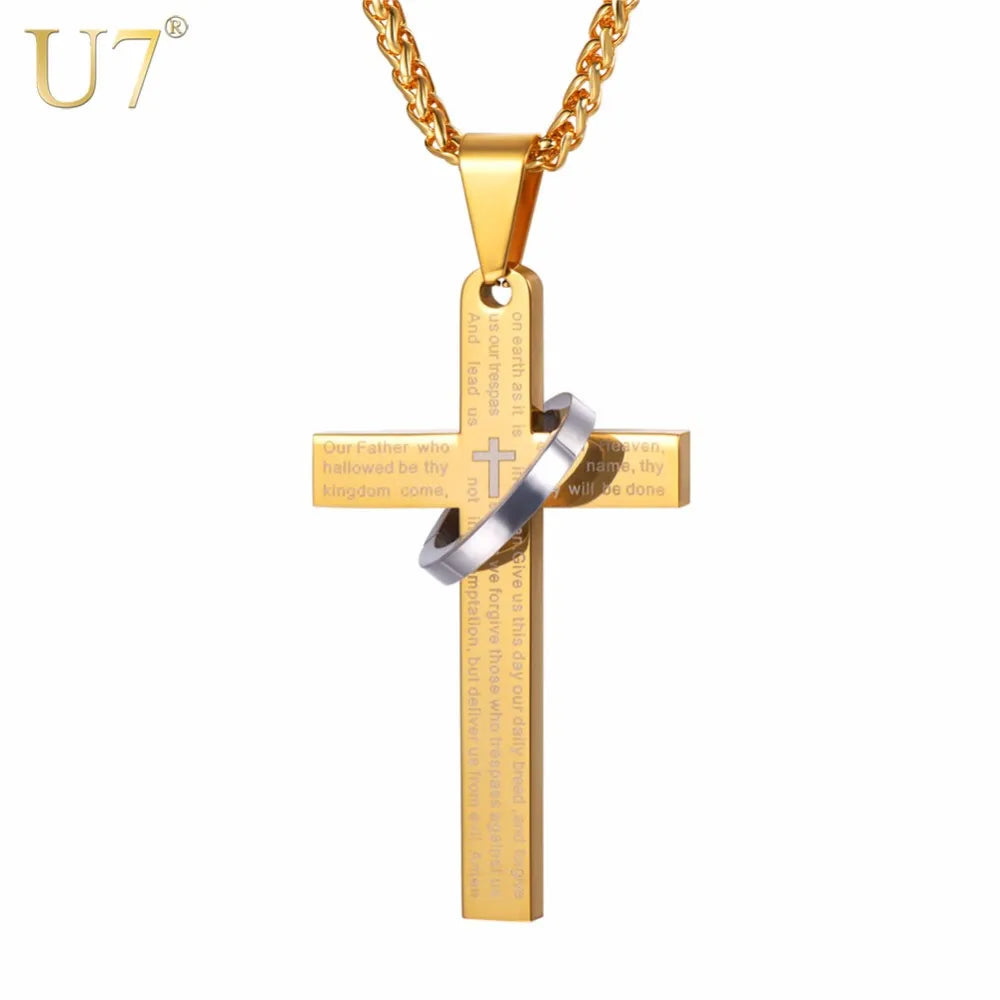 U7 Stainless Steel Christian Bible Engraved Cross Necklace Blue Black 18k Gold Color Round Ring Cross Unisex Religious Jewelry