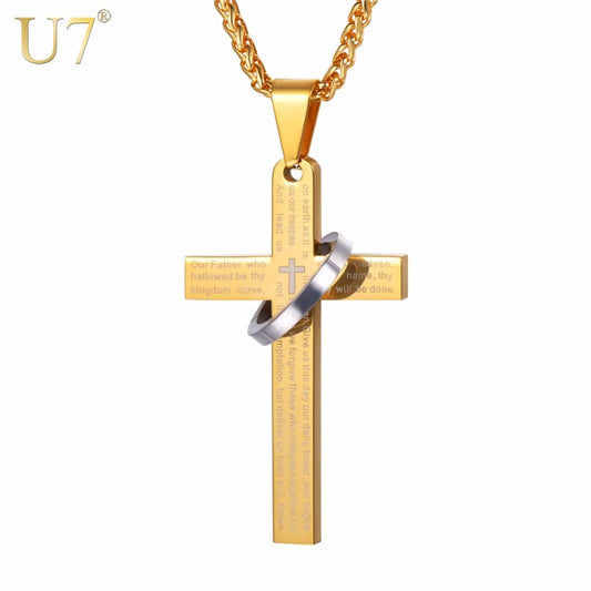 U7 Stainless Steel Christian Bible Engraved Cross Necklace Blue Black 18k Gold Color Round Ring Cross Unisex Religious Jewelry