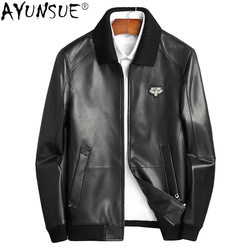 Genuine Sheepskin Leather Jacket Men Clothing Baseball Style Detachable Fur Collar Fashion Clothes Ropa Hombre LXR931