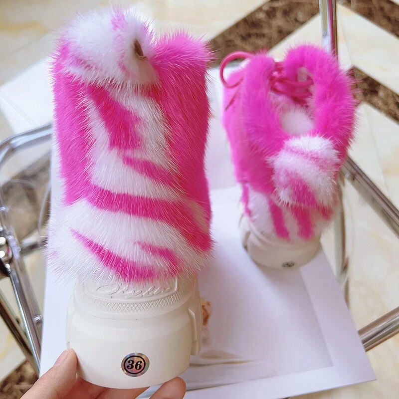 European Station Ladies Mink Hair Casual Shoes Luxury 100% Fur Sneakers Fashion Color Outdoor High Boots 2023 Autumn New